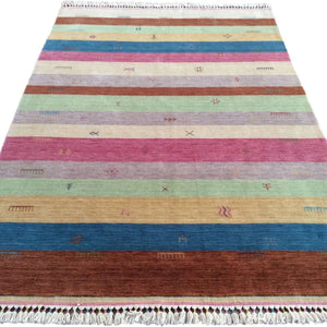 Hand-Loomed Striped Design Gabbeh Wool Rug (Size 5.6 X 8.5) Brrsf-768