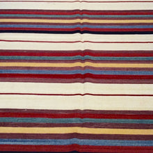 Load image into Gallery viewer, Close-up Hand-Woven Kilim Rug 6x9 Qashqai Striped Blue Gold Beige Brrsf-1608