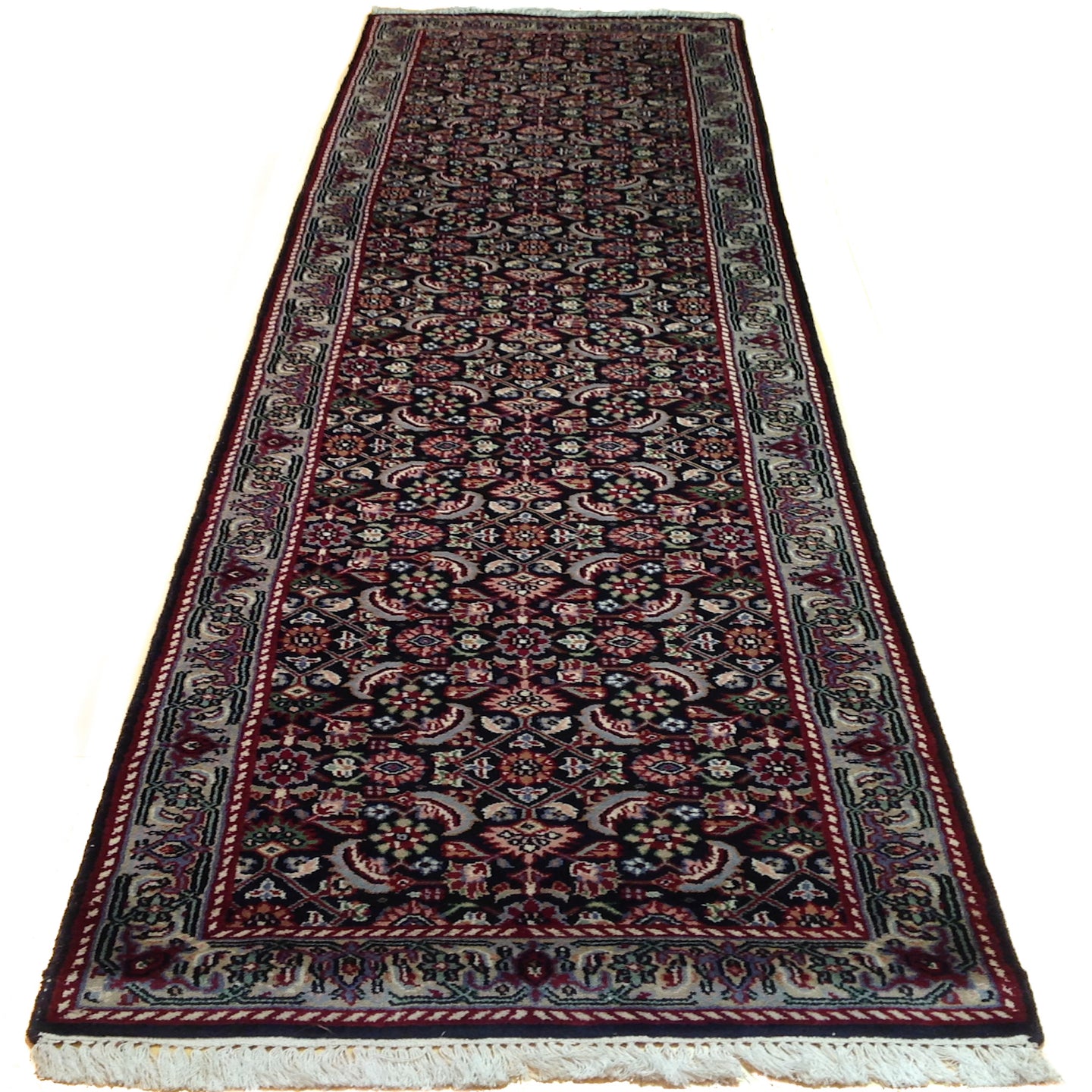 Traditional Indo Herati Black color Tabriz Design Wool Rug (Size 2.6 X 11.9) Cwral-1542