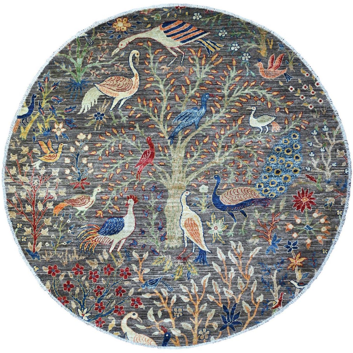 Hand-Knotted Paradise Birds Design Round Handmade Wool  Rug (Size 5.9 X 5.10) Cwral-11076