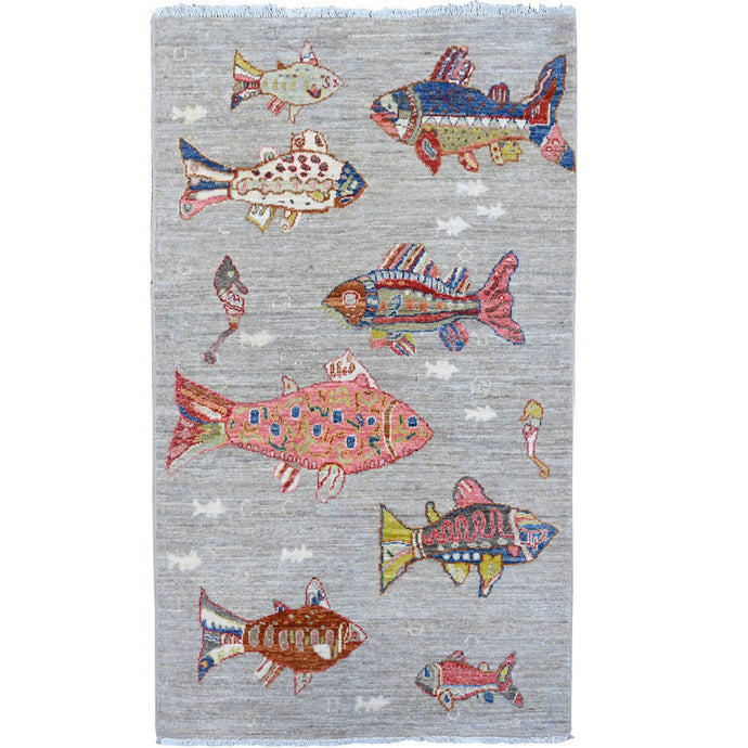 Hand-Knotted Peshawar Fish Design Handmade Wool Rug (Size 3.0 X 4.10) Cwral-11103