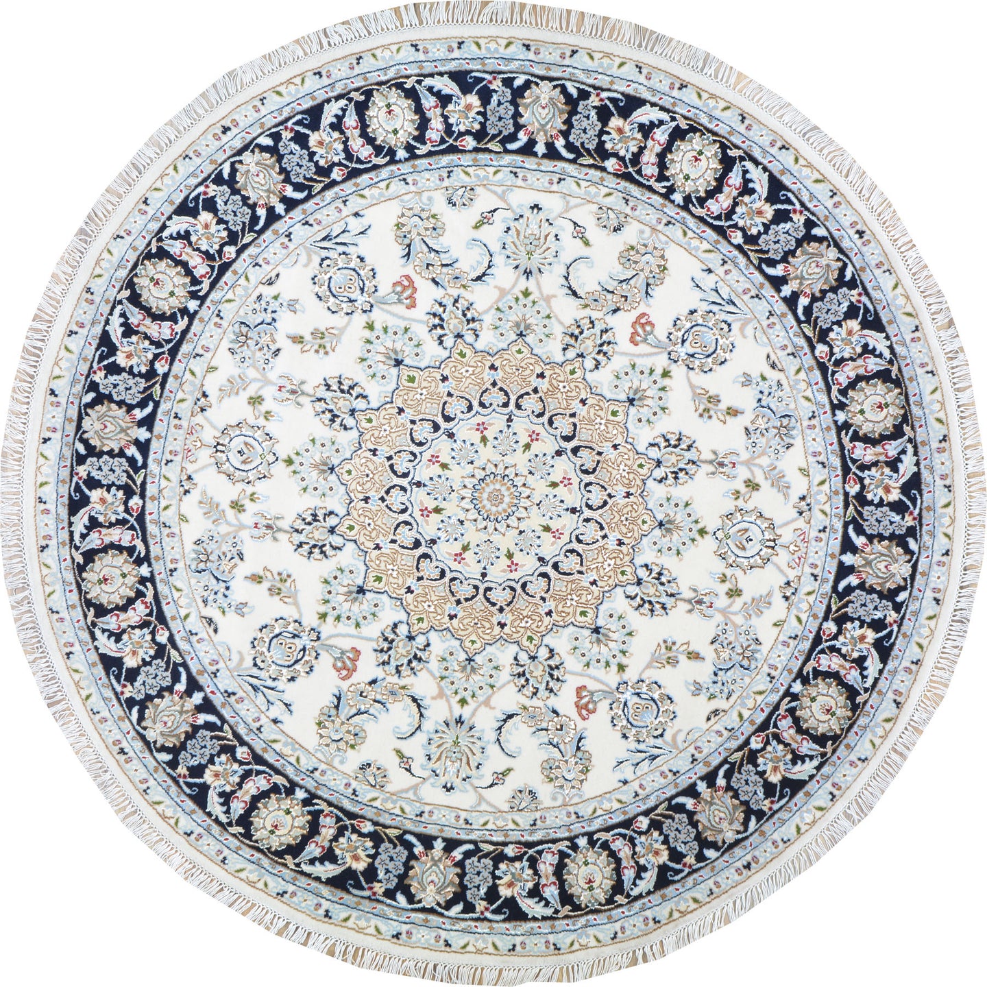 Hand-Knotted Oriental Wool & Silk Nain Design Handmade Round Rug (Size 6.0 X 6.0) Cwral-11148