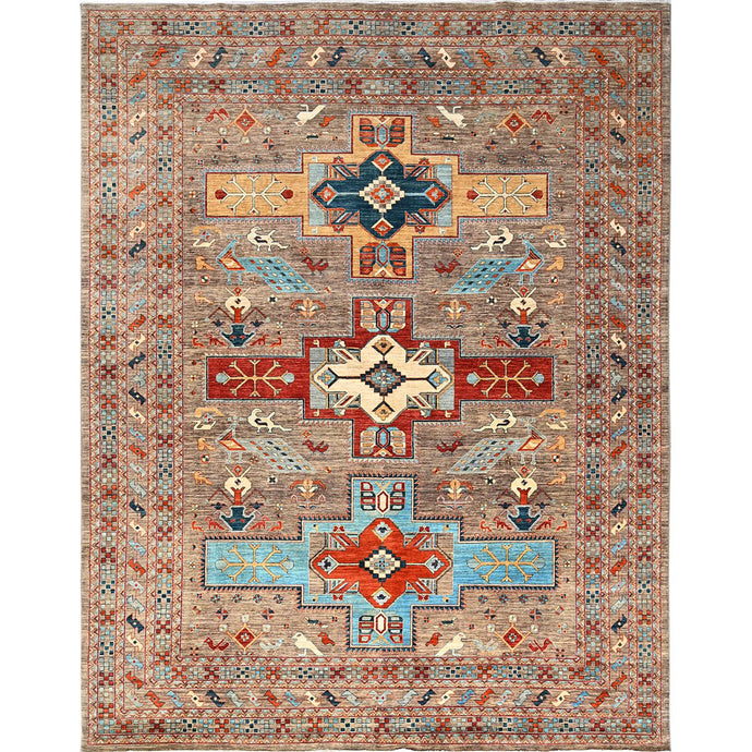 Hand-Knotted Traditional Kazak Sherwan Design Oriental Wool Rug (Size 9.1 X 11.6) Cwral-11577