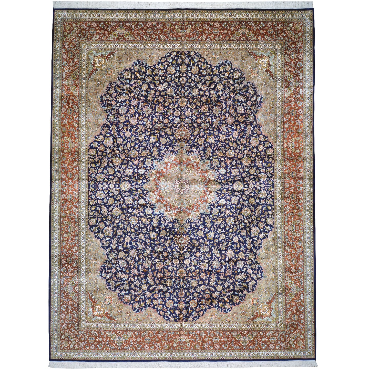 Hand-Knotted Traditional Design Kashmiri Silk Handmade Rug (Size 9.2 X 11.10) Cwral-11667