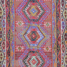 Load image into Gallery viewer, Colorful geometric patterned rug with red, blue, and multicolor design.