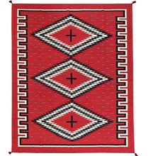 Load image into Gallery viewer, Red rug with black and white geometric pattern on a white background