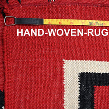 Load image into Gallery viewer, Red hand-woven rug with a measuring tape and text overlay