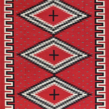 Load image into Gallery viewer, Red rug with black, white, and gray geometric pattern