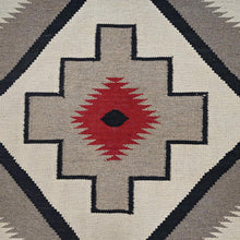 Load image into Gallery viewer, Close-up of a geometric patterned fabric with a red and black design on a gray background.