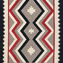 Load image into Gallery viewer, Rug with geometric pattern featuring red, gray, and white on a black background