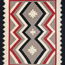 Load image into Gallery viewer, Rug with geometric pattern featuring red, black, and beige colors on a dark background