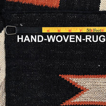 Load image into Gallery viewer, Hand-woven rug with a measuring tape showing dimensions and text label.