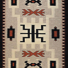 Load image into Gallery viewer, Patterned rug with geometric design featuring red, black, and beige colors.