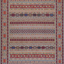 Load image into Gallery viewer, Patterned rug with geometric design in red, blue, and beige colors.
