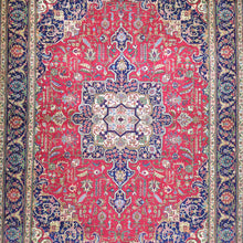 Load image into Gallery viewer, Close-up of hand-knotted wool pile on Vintage Persian Oriental rug, intricate tribal motifs — Classic World Rugs NM