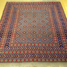 Load image into Gallery viewer, Hand-woven Soumak flatweave rug in red, blue, and turquoise tribal design – Classic World Rugs