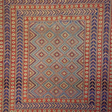 Load image into Gallery viewer, Top view of red geometric Soumak wool rug, 5 ft 2 in x 6 ft 2 in, tribal pattern