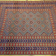 Load image into Gallery viewer, Close-up of hand-woven Soumak rug braided weave, red colorway with blue and turquoise accents