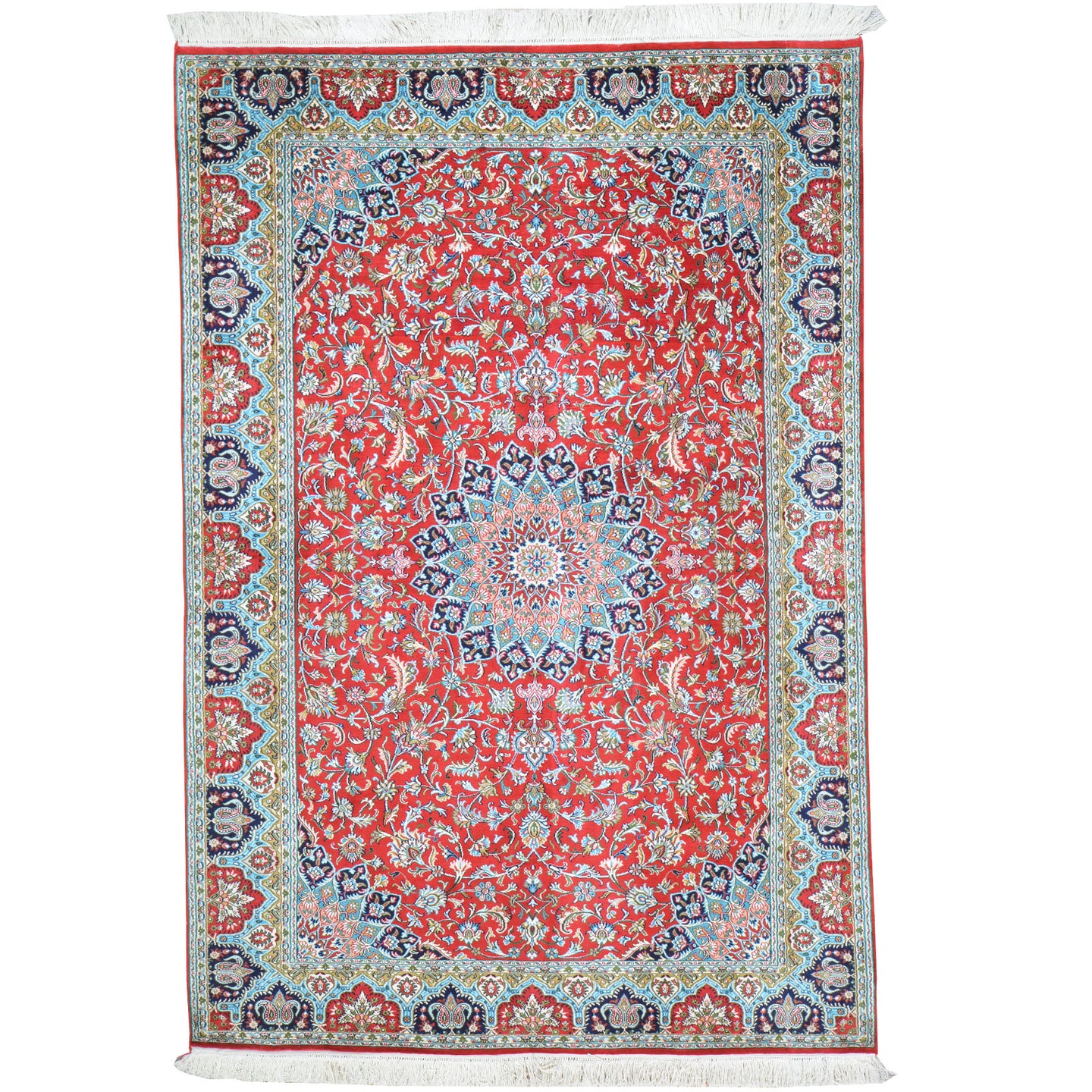 Hand-Knotted Kashmiri Silk Traditional Design Handmade Rug (Size 4.1 X 6.2) Cwral-10824