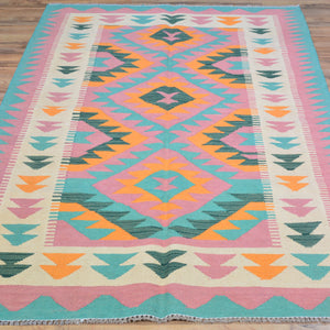 Hand-Woven Reversible Geometric Design 100% Wool Kilim Rug (Size 3.9 X 6.0) Cwral-10878