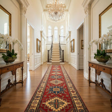 Load image into Gallery viewer, 	Close-up detail of red geometric Kazak runner rug, hand-knotted 100% wool made in Pakistan