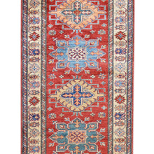Load image into Gallery viewer, 	End section of extra long Kazak tribal runner rug, geometric border detail, hand-knotted wool