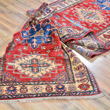 Load image into Gallery viewer, 	Alternate angle of hand-knotted Kazak runner rug 3x38, red geometric tribal wool rug
