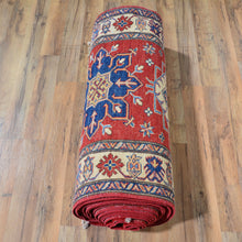 Load image into Gallery viewer, 	Extra long wool Kazak runner rug full length view, red and blue tribal design — Classic World Rugs Albuquerque NM