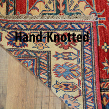 Load image into Gallery viewer, 	Fringe and end detail of extra long Kazak runner rug, hand-knotted 100% wool tribal design