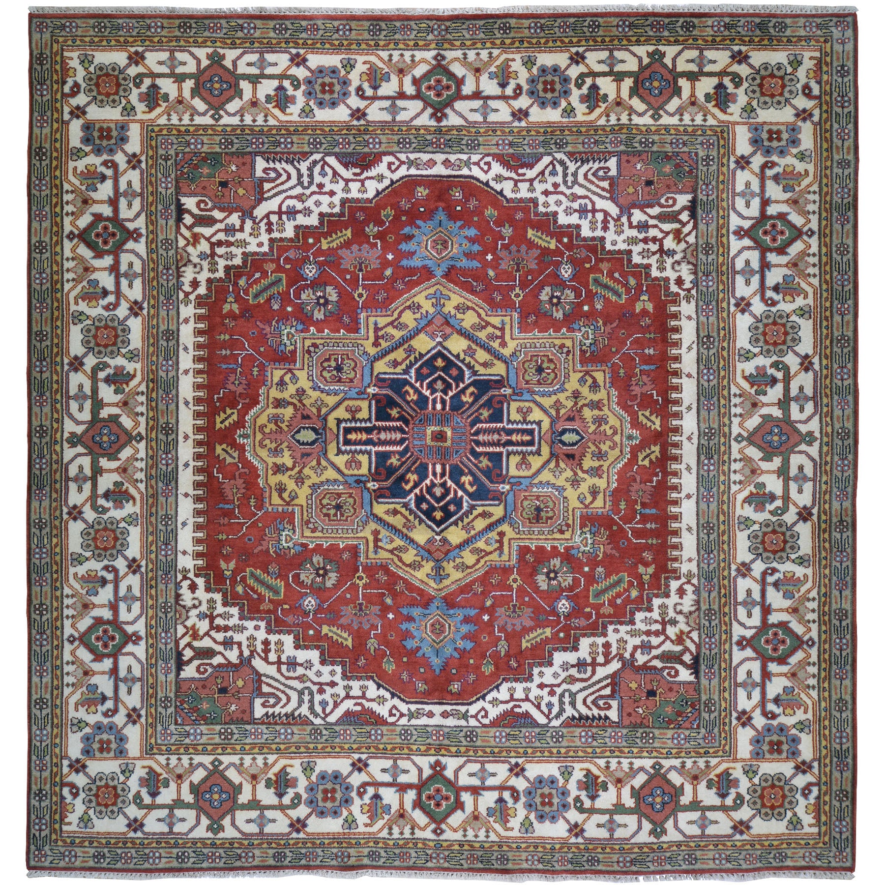 Hand-Knotted Square Heriz Design Traditional Handmade Wool