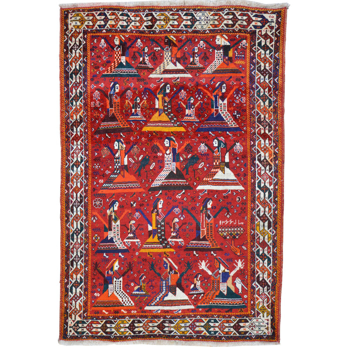 Hand-Knotted Old Persian Pictorial Tribal Design Handmade Rug (Size 4.7 X 6.8) Cwral-10263