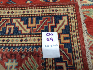 Fine Kazak Runner-Rug Geometric Hand-Knotted Hand-made 100-Percent Wool 