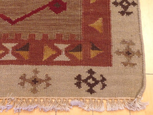 Fine Indo Durrie Tribal Design Handmade Hand-Woven 100-Percent Wool 