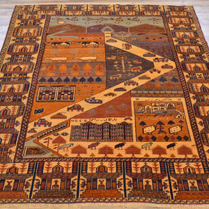 Hand-Knotted Afghan Tribal Pictorial Handmade Wool Rug (Size 4.8 X 6.0) Brral-6510