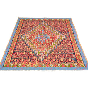 Hand-Woven Persian Sennah Kilim Geometric Design Wool Rug (Size 4.3 X 5.0) Cwral-3132