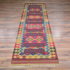 Hand-Woven Kilim Tribal Design Handmade Wool Rug (Size 2.5 X 9.4) Cwral-7536