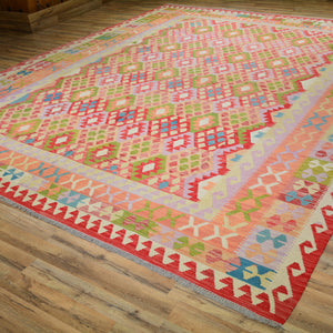 Hand-Woven Geometric Design Kilim Aghan Wool Rug (Size 10.4 X 12.5) Cwral-7578