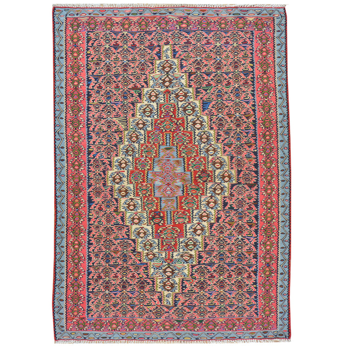 Hand-Woven Persian Sennah Kilim Geometric Design Wool Rug (Size 3.8 X 5.1) Cwral-7677