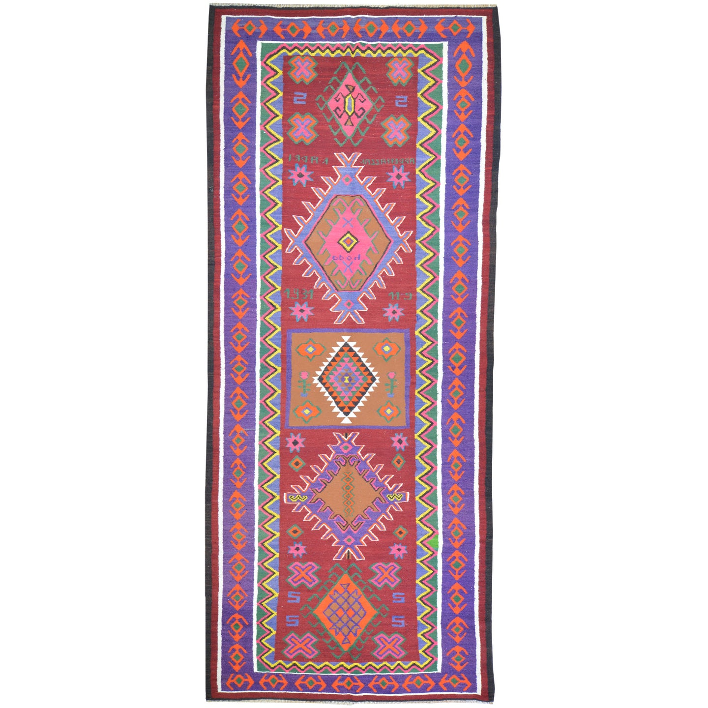 Hand-Woven Flatweave Geometric Design Kilim Rug (Size 5.0 X 12.7) Cwral-8262