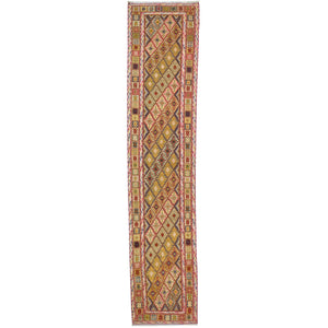 Hand-Knotted and Soumak Geometric Design Wool Rug (Size 2.4 X 11.1) Cwral-8793