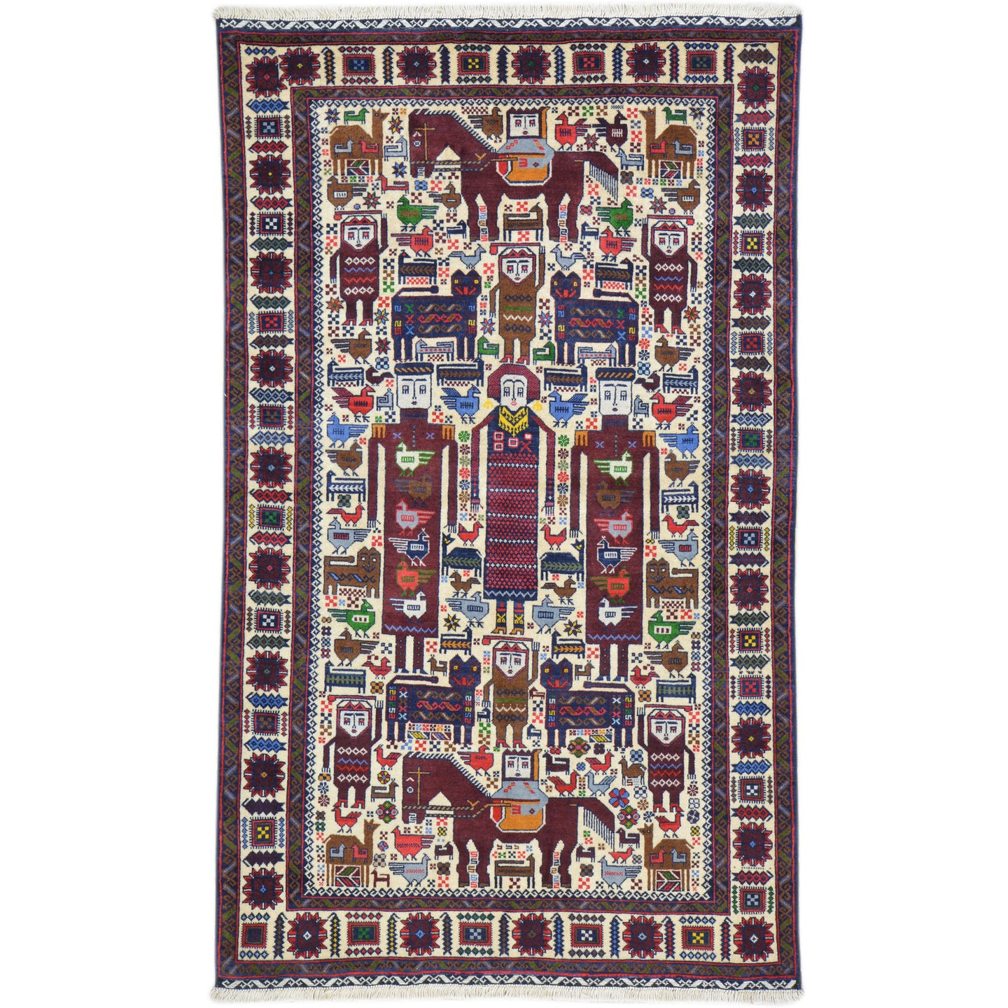 Hand-Knotted Afghan Tribal Pictorial Design Wool Handmade Rug (Size 3.9 X 6.2) Cwral-9117