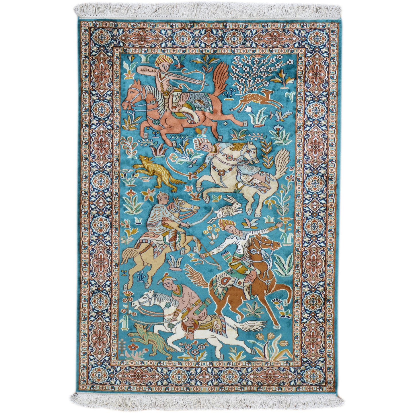 Hand-Knotted Traditional Hunting Design Kashmiri Silk Handmade Rug (Size 3.2 X 5.0) Cwral-9174