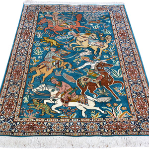 Hand-Knotted Traditional Hunting Design Kashmiri Silk Handmade Rug (Size 3.2 X 5.0) Cwral-9174