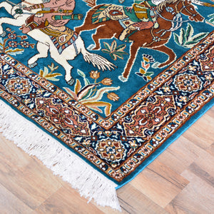 Hand-Knotted Traditional Hunting Design Kashmiri Silk Handmade Rug (Size 3.2 X 5.0) Cwral-9174