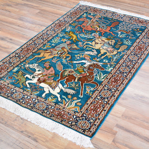 Hand-Knotted Traditional Hunting Design Kashmiri Silk Handmade Rug (Size 3.2 X 5.0) Cwral-9174