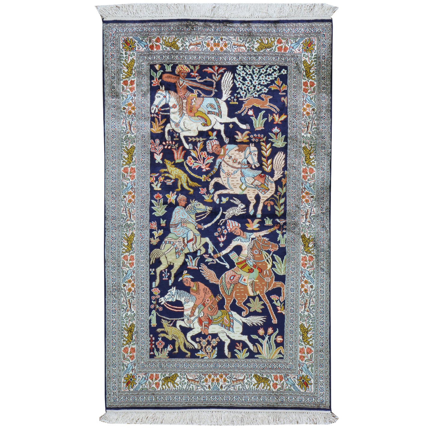 Hand-Knotted Hunting Design Kashmiri Silk Handmade Rug (Size 3.0 X 5.3) Cwral-9180