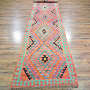 Hand-Woven Flatweave Geometric Design Kilim Handmade Wool (Size 2.8 X 16.6) Cwral-9555