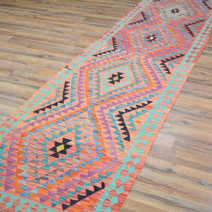 Hand-Woven Flatweave Geometric Design Kilim Handmade Wool (Size 2.8 X 16.6) Cwral-9555