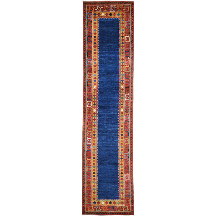 Hand-Knotted Blue Caucasian Kazak Design 100% Wool Rug (Size 2.11 X 12.4) Cwral-9684