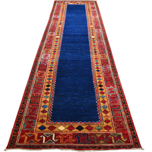 Hand-Knotted Blue Caucasian Kazak Design 100% Wool Rug (Size 2.11 X 12.4) Cwral-9684